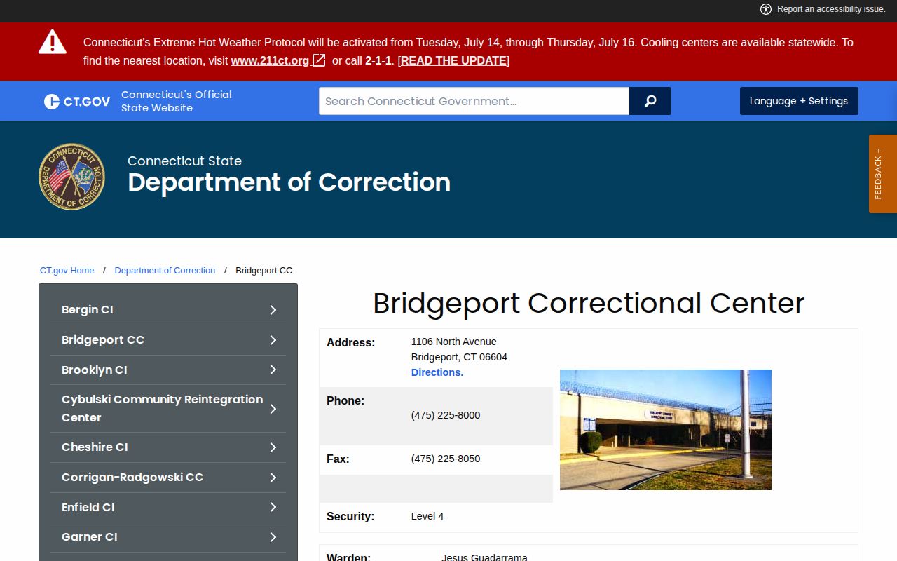 Bridgeport Correctional Center release and facility information