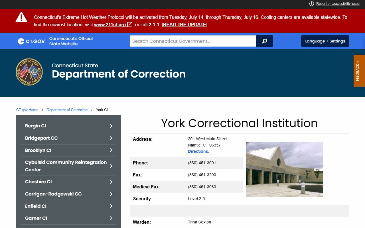 York Correctional Institution release and custody record source for Bridgeport