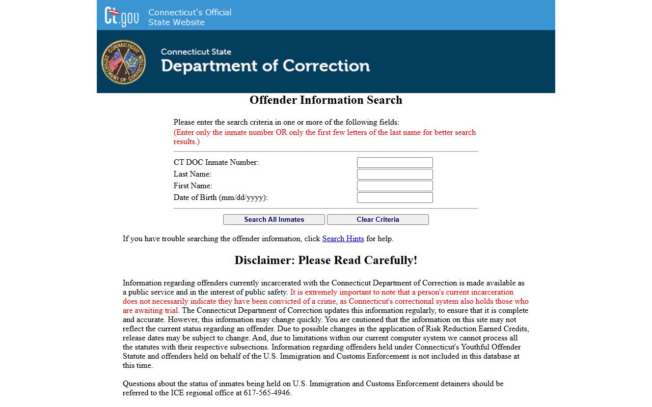 Bridgeport released inmate search form from Connecticut DOC
