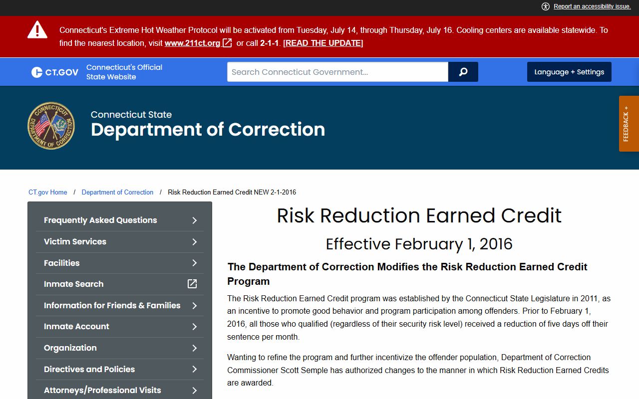 Bridgeport release date lookup through Connecticut earned credit rules